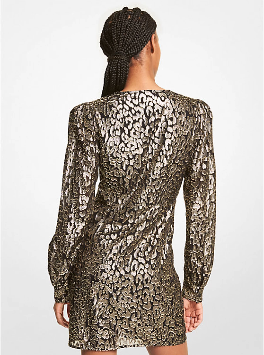 Michael Kors Women's Sheared Jacquard Dress with Metallic Leopard Print - Elegant Animal Pattern Cocktail Dress