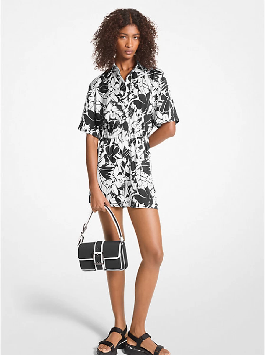 Michael Kors Women's Satin Jumpsuit with Exotic Palm Tree Print - Elegant V-Neck & Wide Leg Design