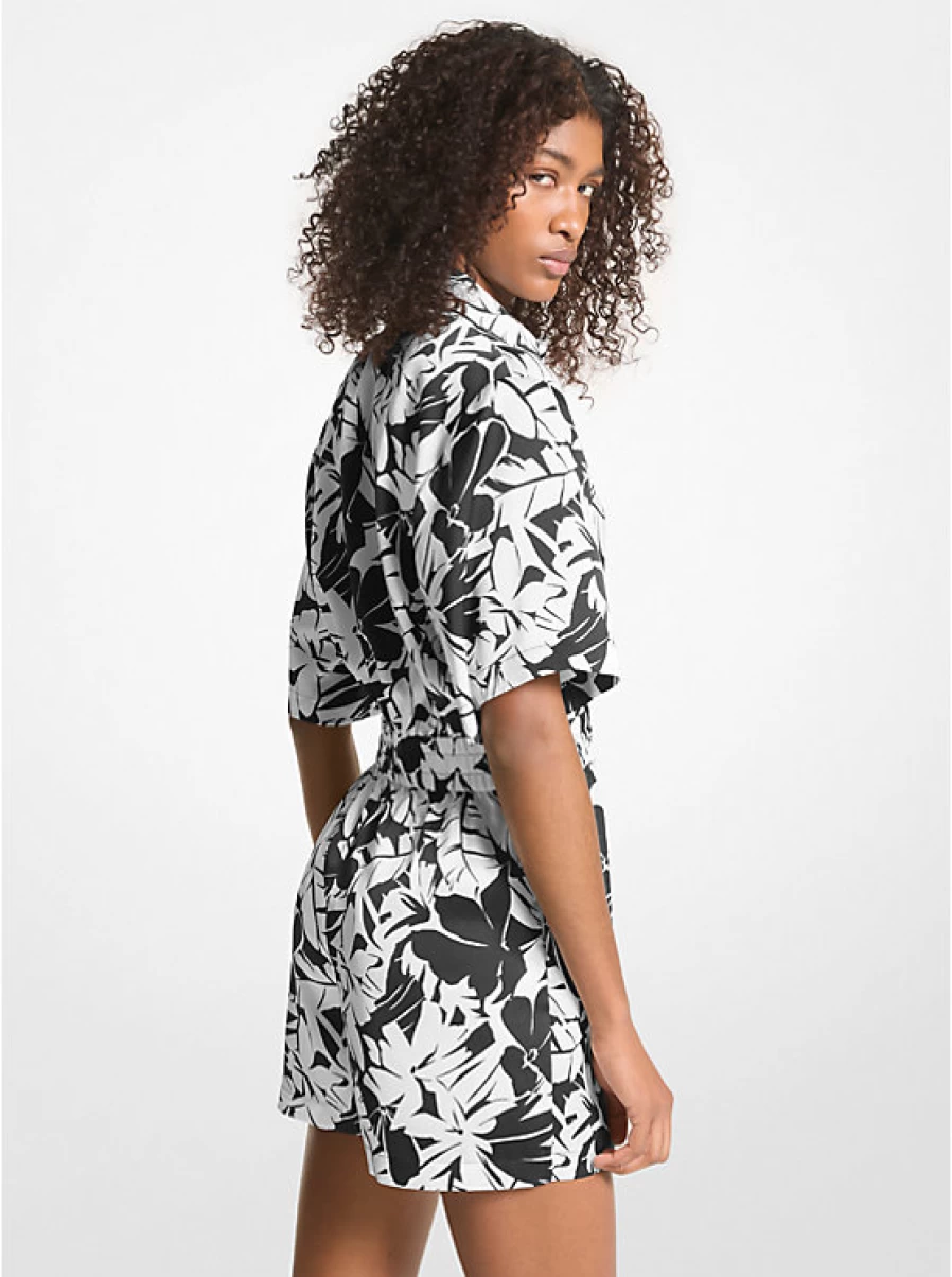 Michael Kors Women's Satin Jumpsuit with Exotic Palm Tree Print - Elegant V-Neck & Wide Leg Design