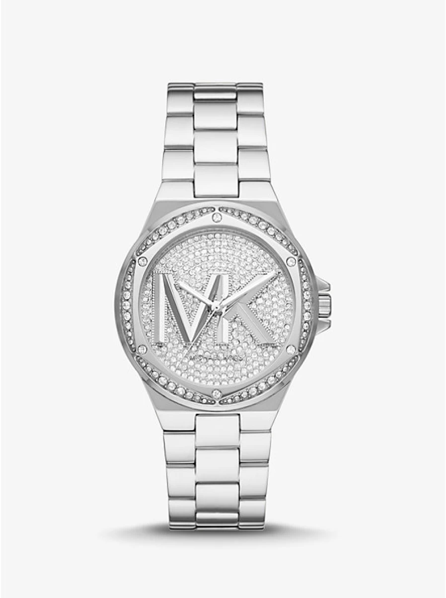 Michael Kors Women's Lennox Silver-Tone Watch with Logo and Pavé Stone Accents