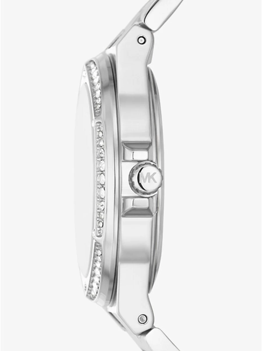 Michael Kors Women's Lennox Silver-Tone Watch with Logo and Pavé Stone Accents