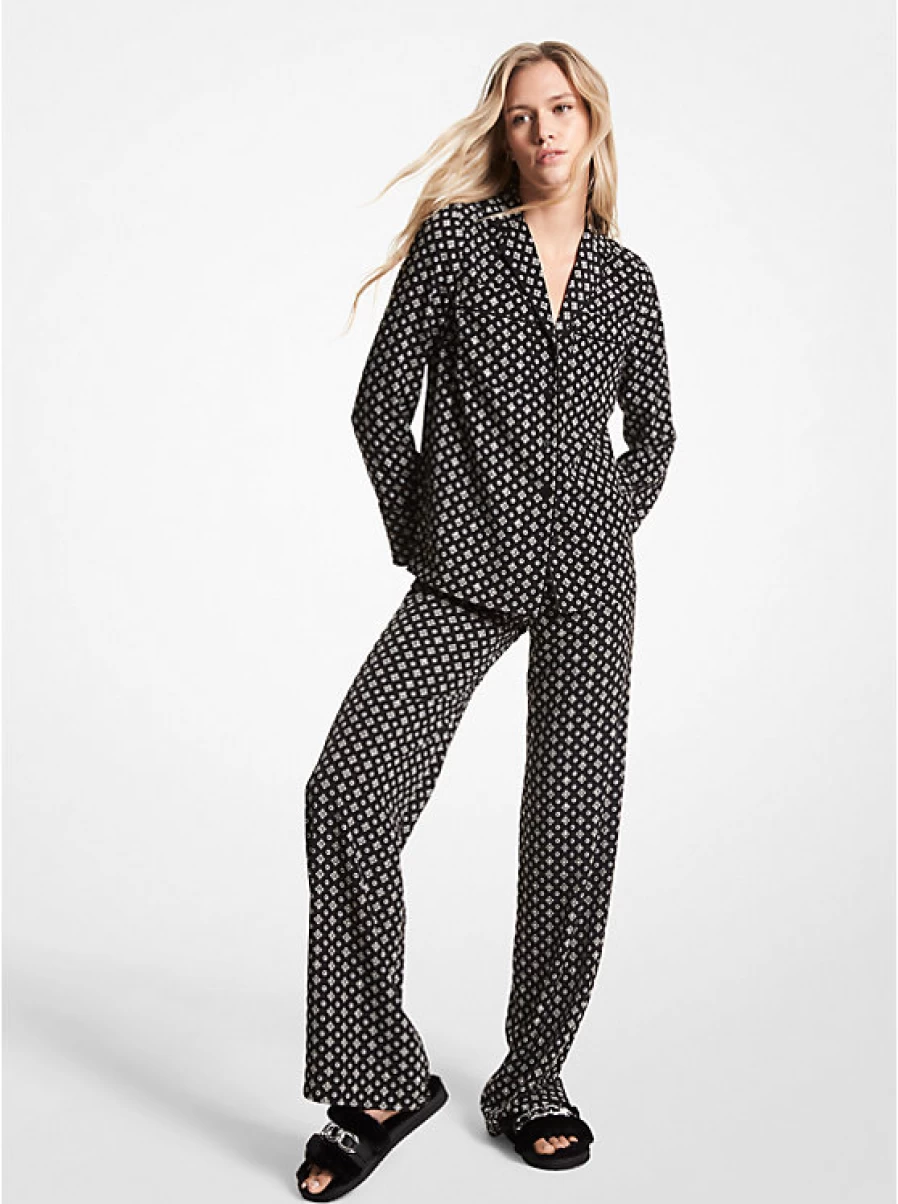 Michael Kors Women's Crinkled Crepe Pajama Shirt with Printed Medallions and Embellished Details