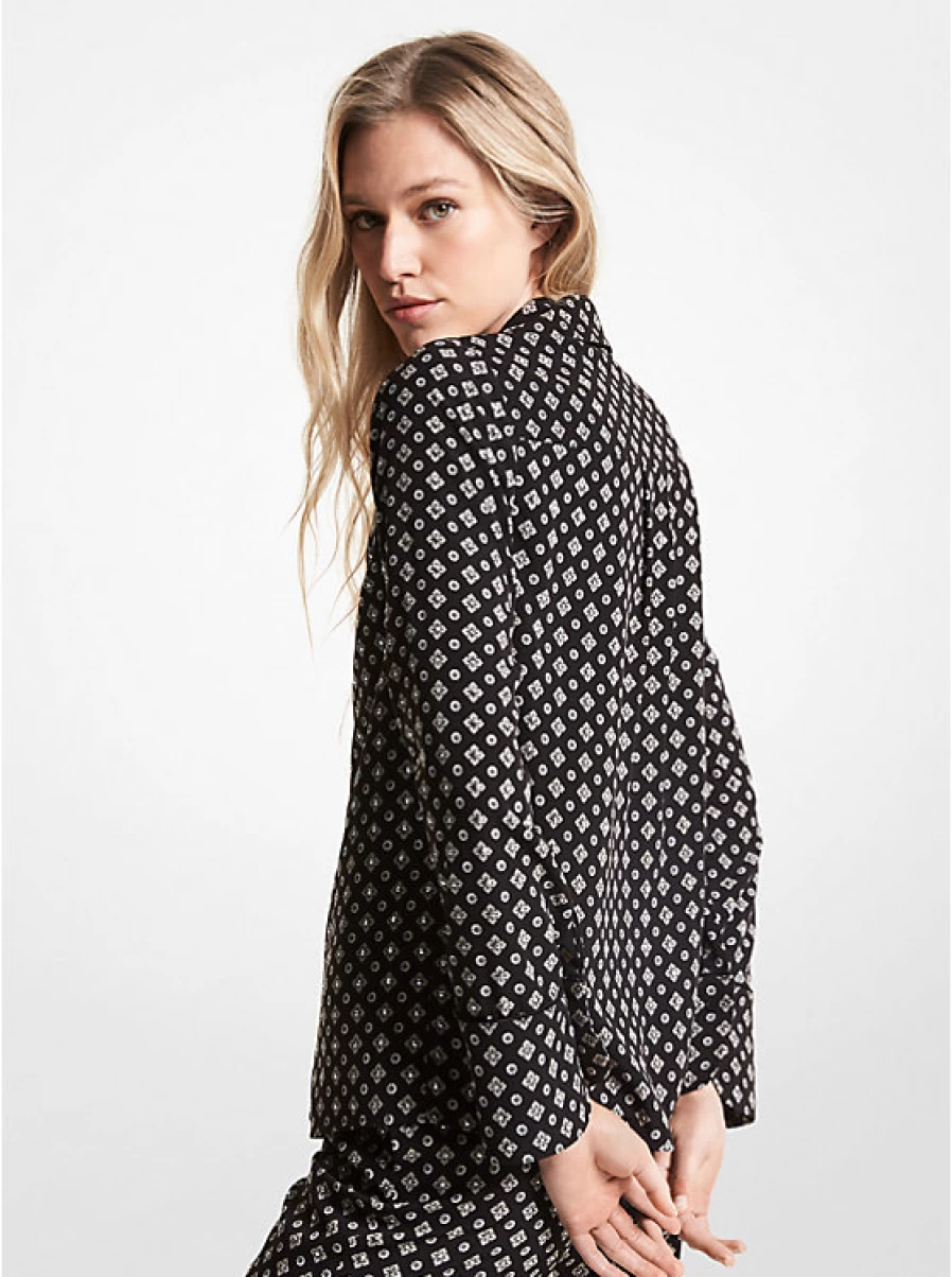 Michael Kors Women's Crinkled Crepe Pajama Shirt with Printed Medallions and Embellished Details