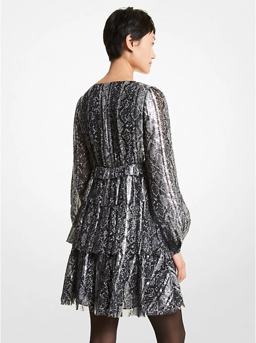 Michael Kors Women's Metallic Jacquard Dress with Snake Print and Ruffled Detail