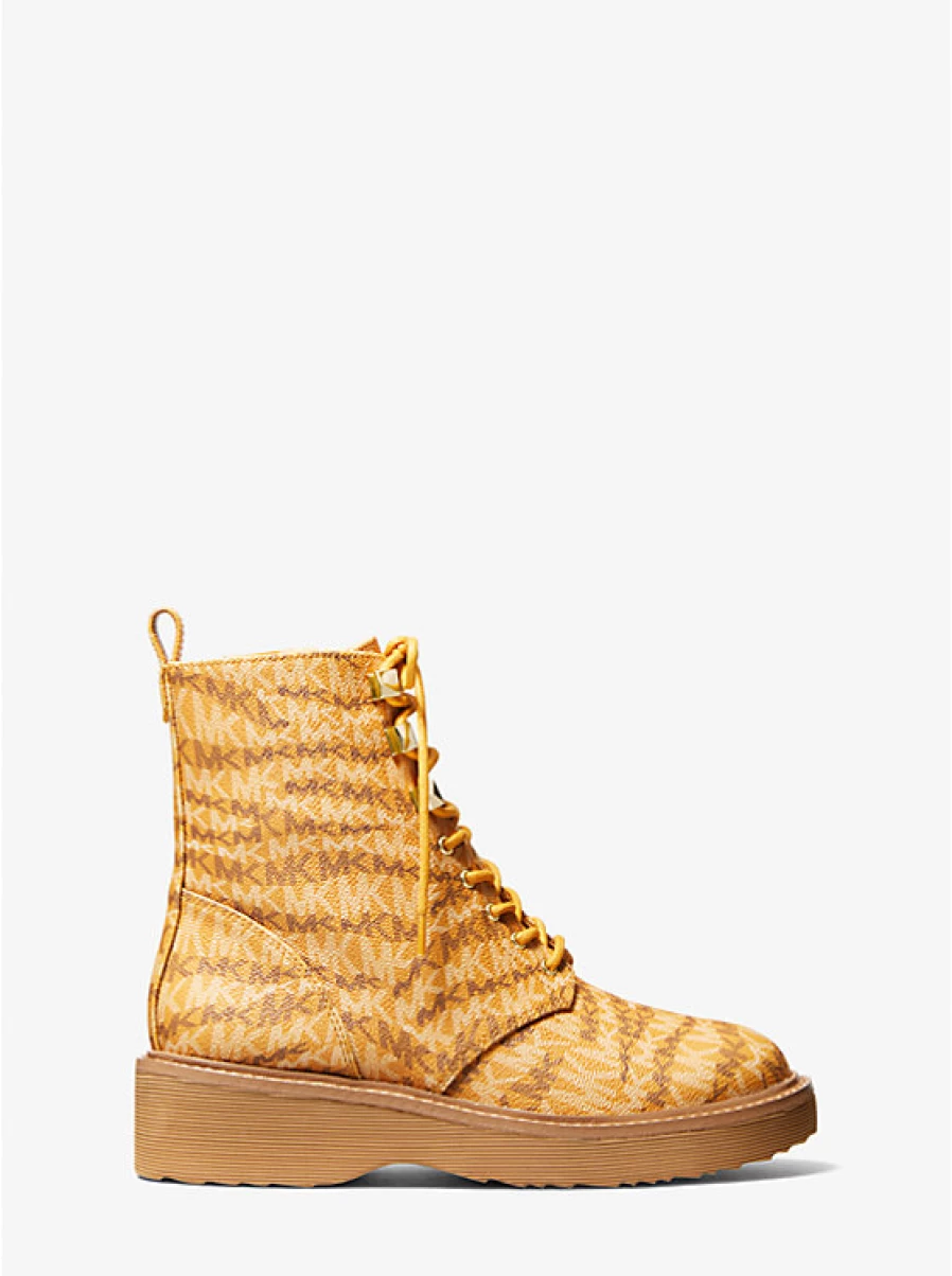 Michael Kors Women's Haskell Canvas Boots with Printed Animal Design and Logo