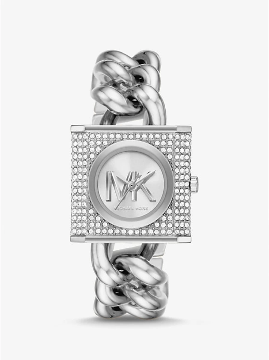 Michael Kors Women's Miniature Silver Lock Watch with Chain and Pavé Stone Accents