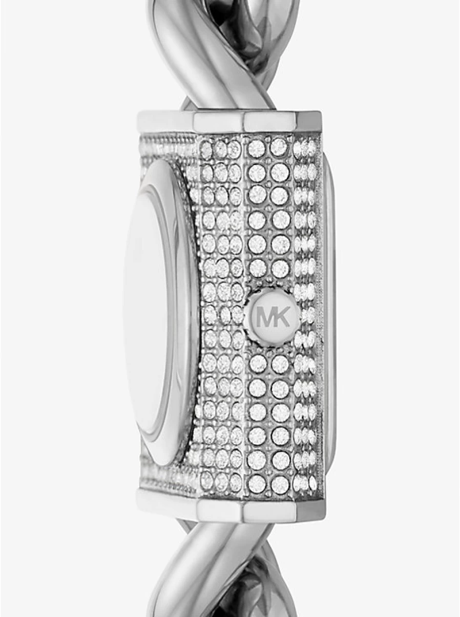 Michael Kors Women's Miniature Silver Lock Watch with Chain and Pavé Stone Accents