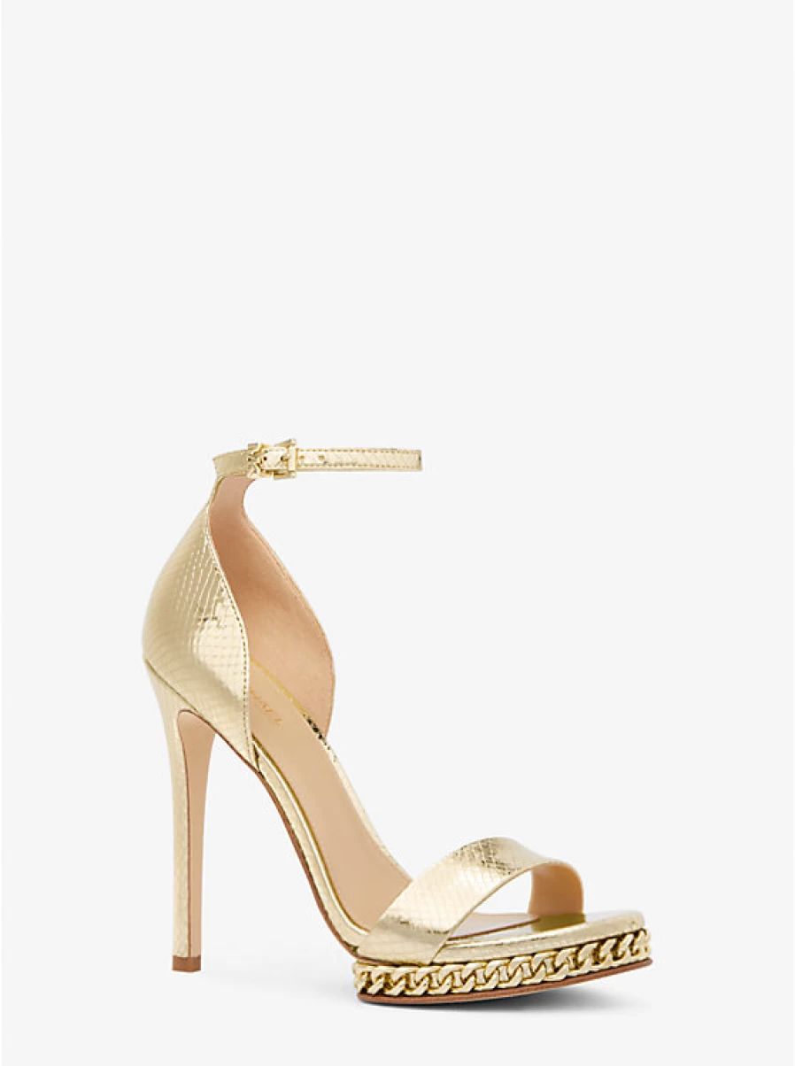Michael Kors Women's Jordyn Platform Sandals in Embossed Leather with Metallic Snake Pattern & Ornamental Details