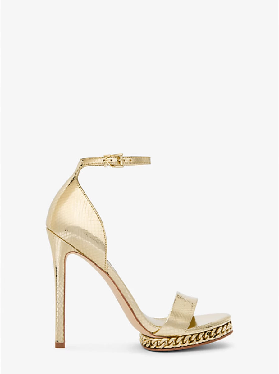 Michael Kors Women's Jordyn Platform Sandals in Embossed Leather with Metallic Snake Pattern & Ornamental Details