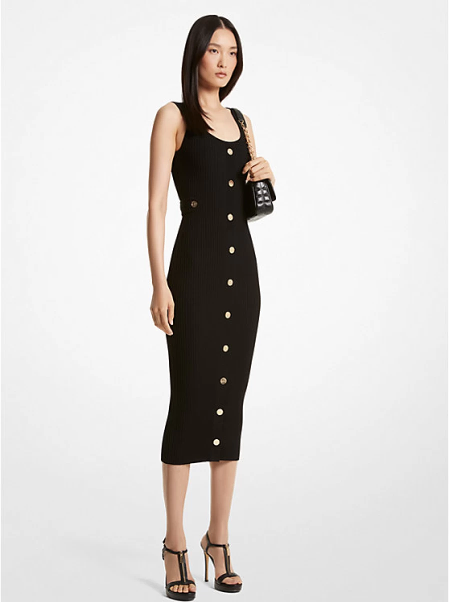 Michael Kors Women's Ribbed Stretch Knit Midi Dress - Slim Fit Bodycon Style