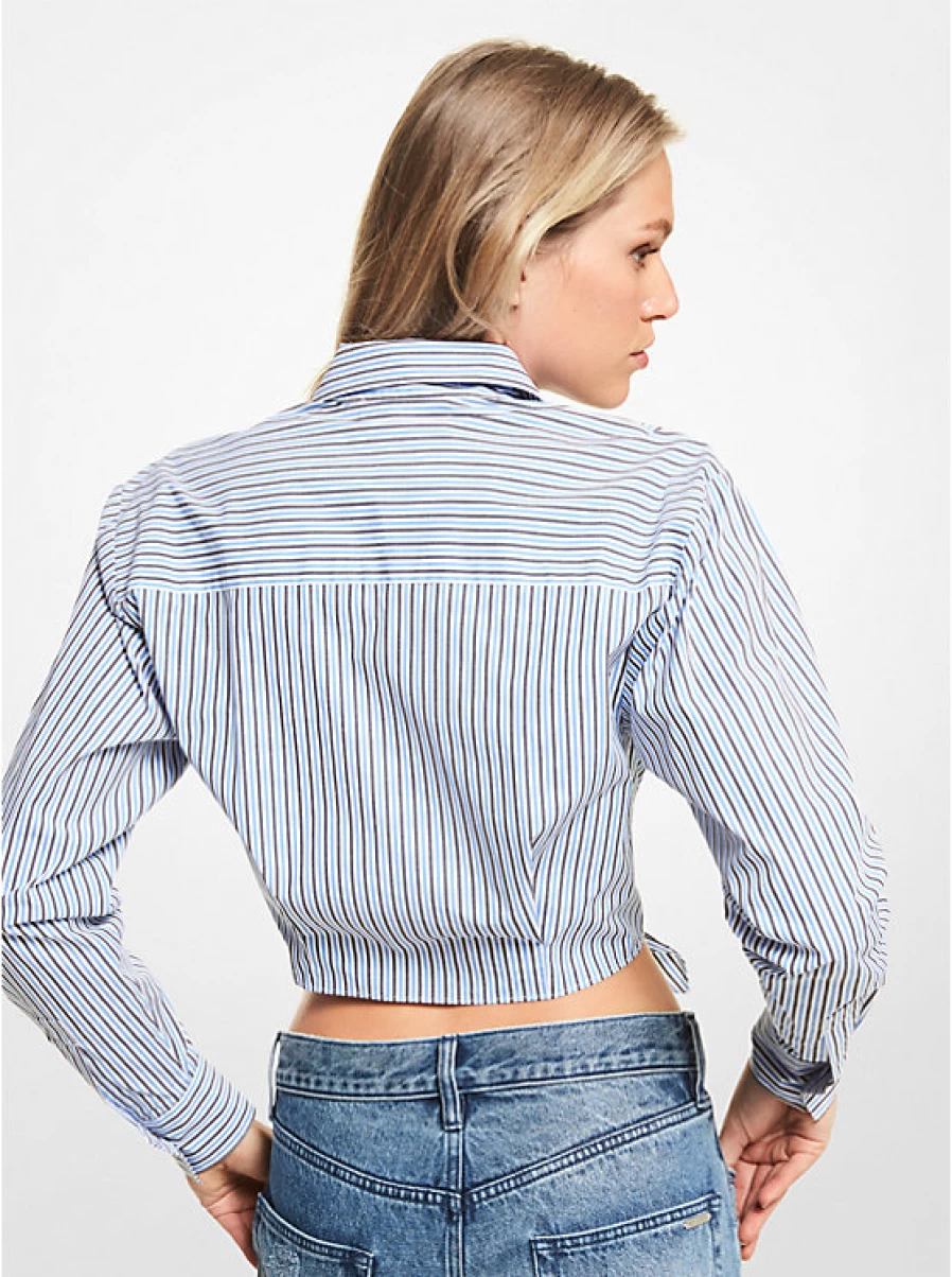 Michael Kors Women's Striped Organic Cotton Short Shirt with Front Tie Waist Detail