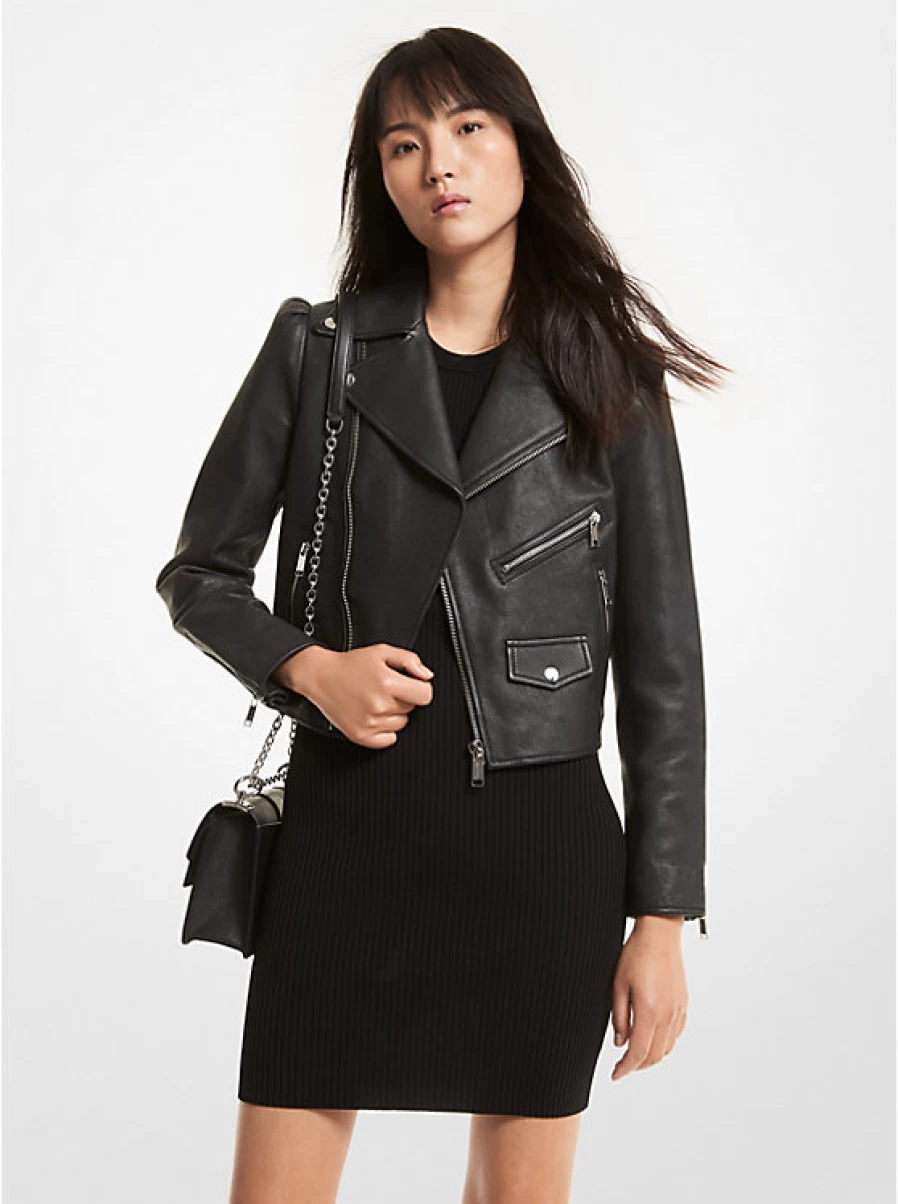 Michael Kors Women's Grained Leather Motorcycle Jacket with Balloon Sleeves