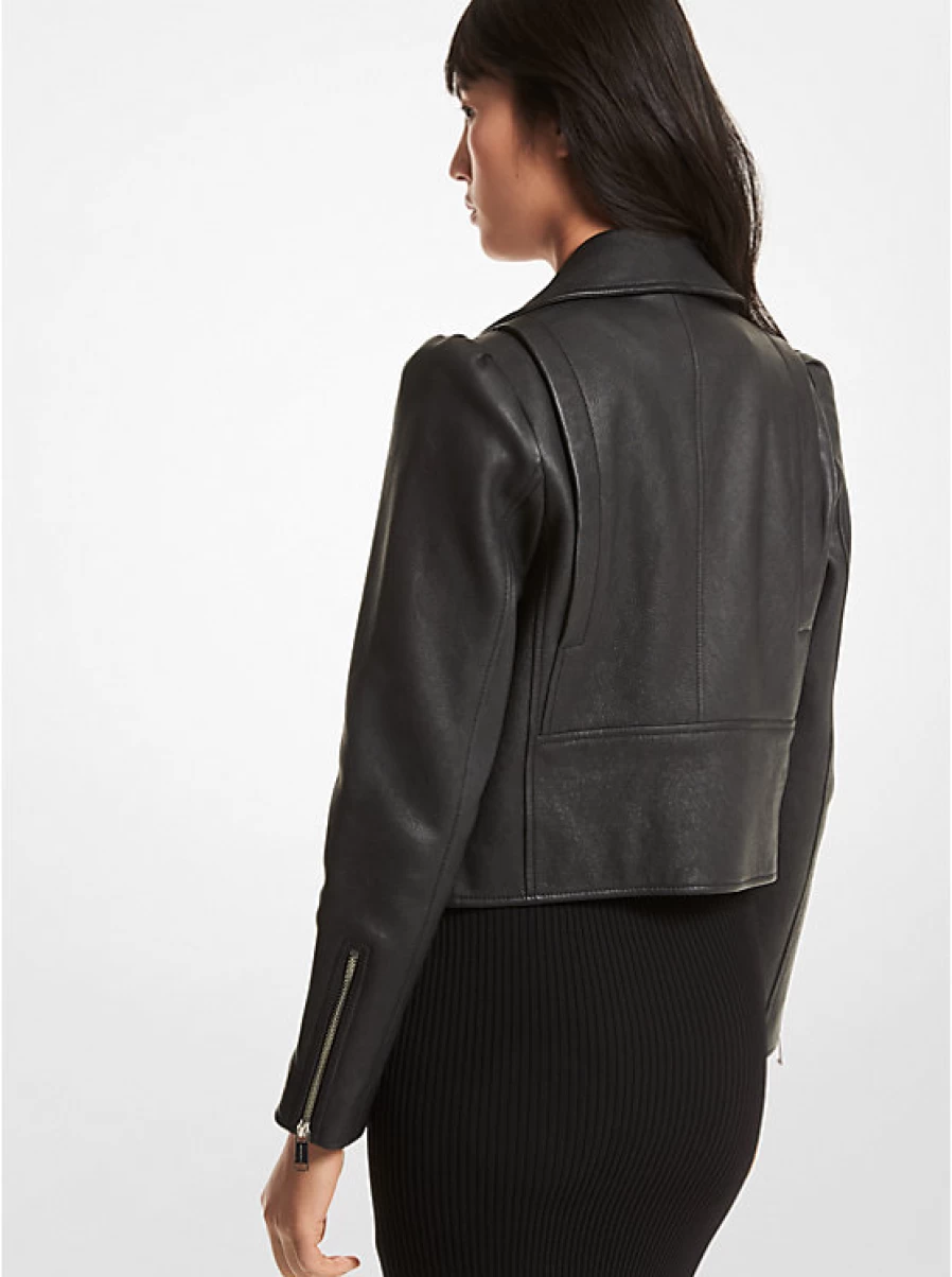 Michael Kors Women's Grained Leather Motorcycle Jacket with Balloon Sleeves