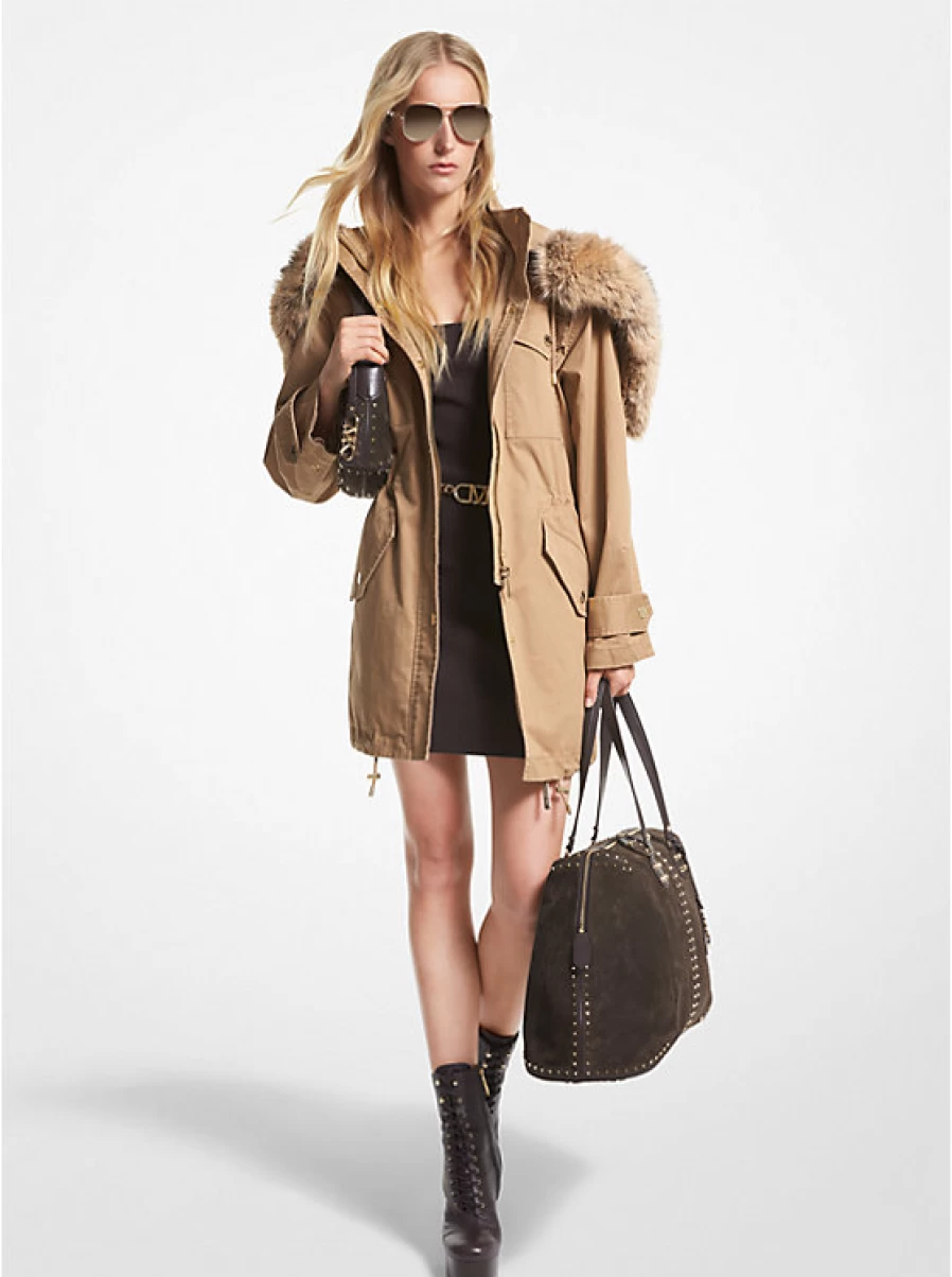Michael Kors Women's Anorak Jacket in Stretch Cotton with Fake Fur Trim