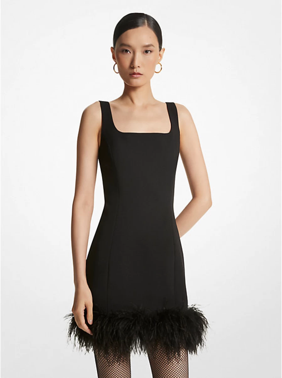 Michael Kors Women's Straight Stretch Crepe Dress with Zipper Detail & Feather Trim