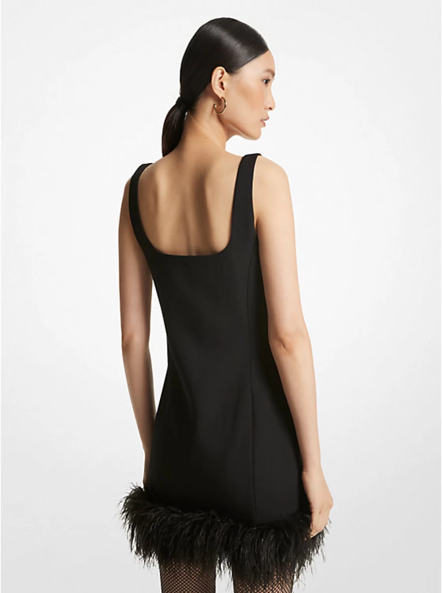 Michael Kors Women's Straight Stretch Crepe Dress with Zipper Detail & Feather Trim