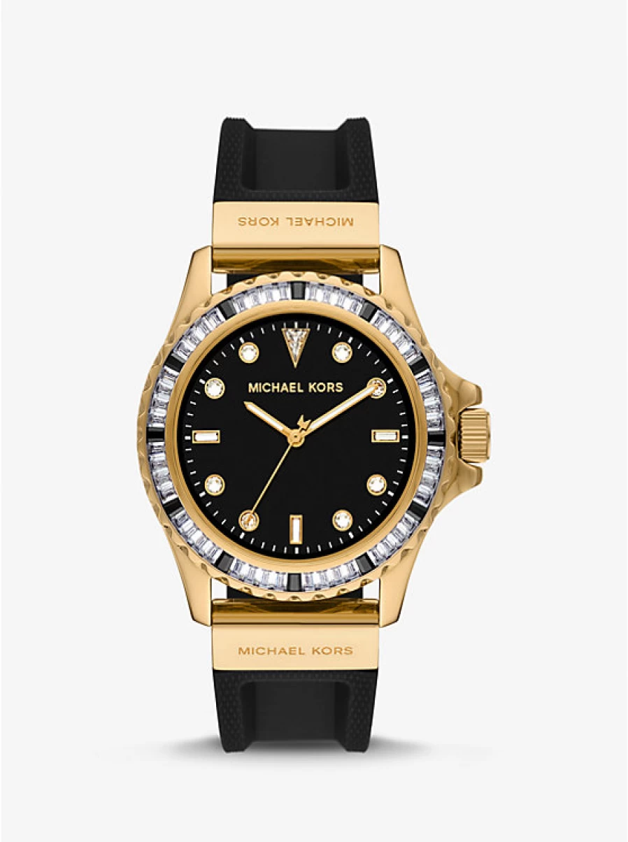 Michael Kors Women's Oversized Gold-Tone Everest Watch with Paving Stone Accents and Silicone Band
