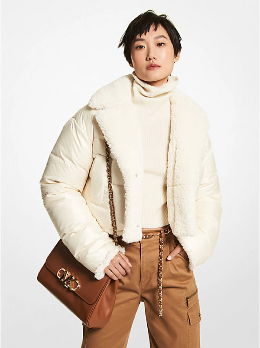 Michael Kors Women's Reversible Hooded Jacket with Waxed Finish & Faux Lamb Fleece Lining