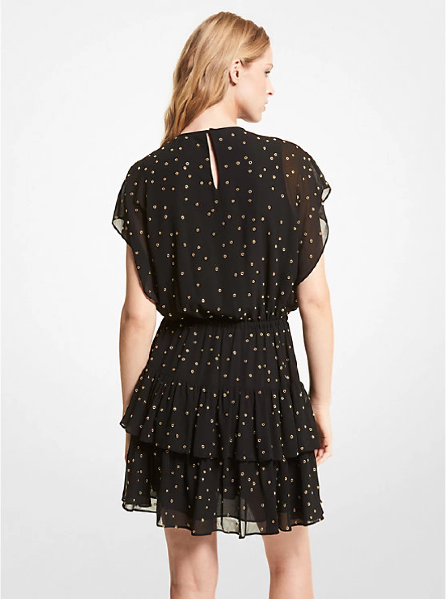 Michael Kors Women's Embroidered Georgette Crepe Dress with Ruffles and Floral Ornaments