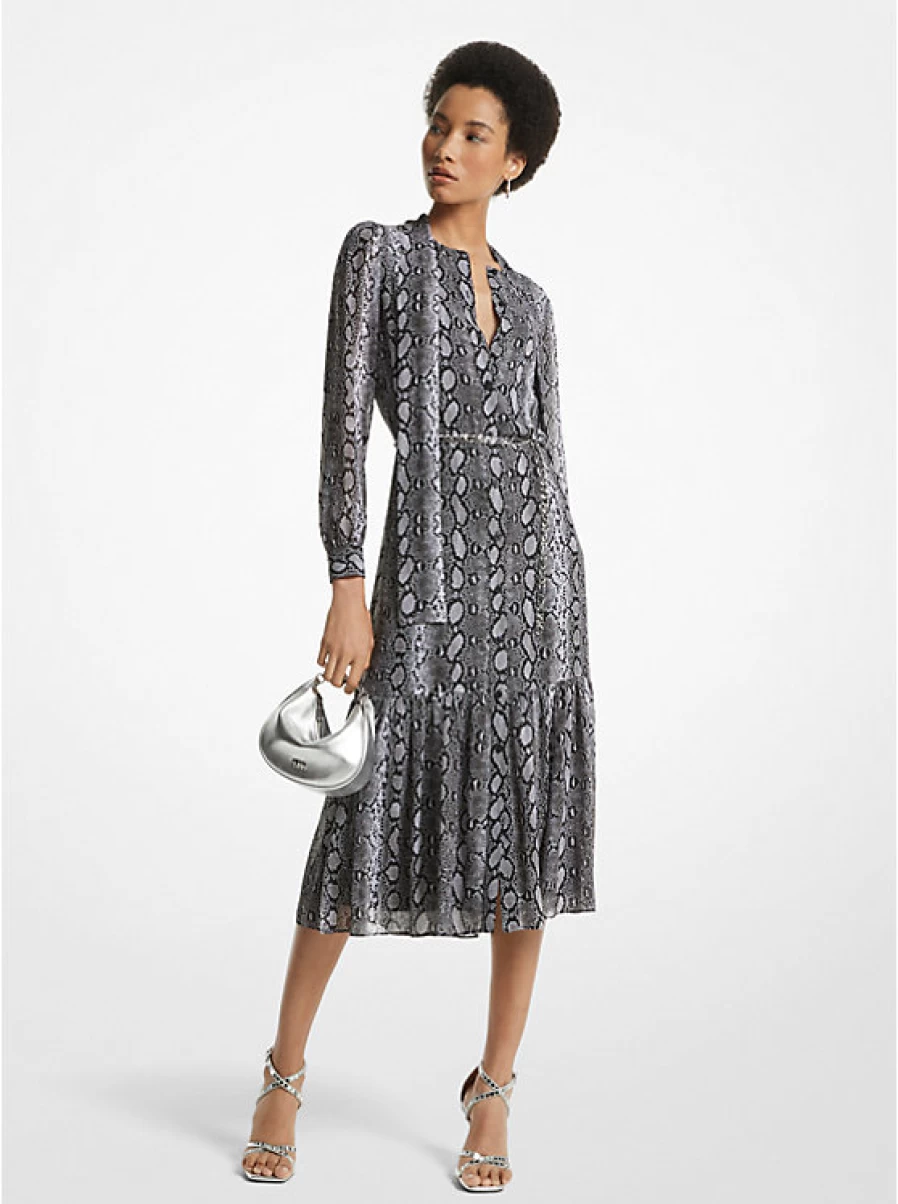 Michael Kors Women's Printed Georgette Mid-Length Dress with Snake Pattern