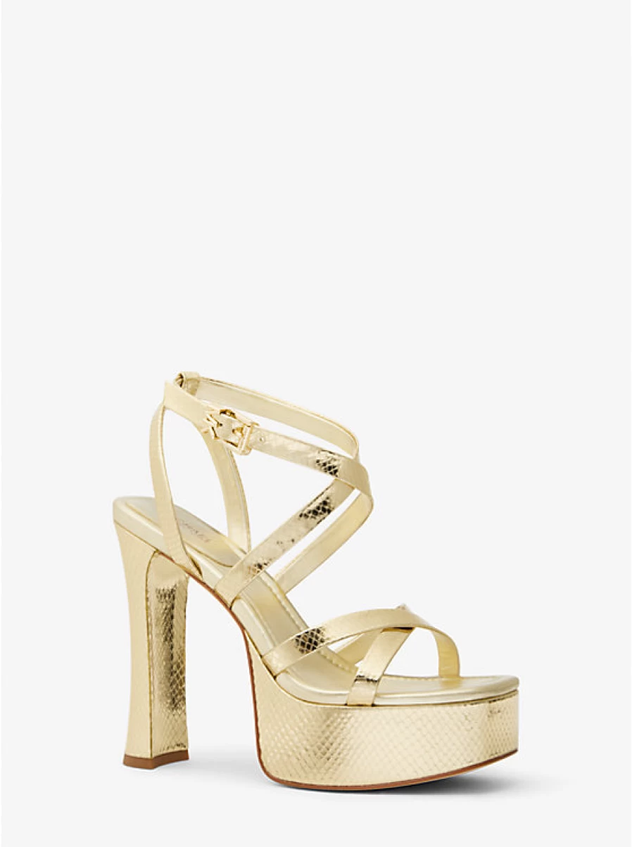 Michael Kors Women's Paola Platform Sandals in Embossed Leather with Metallic Snake Pattern