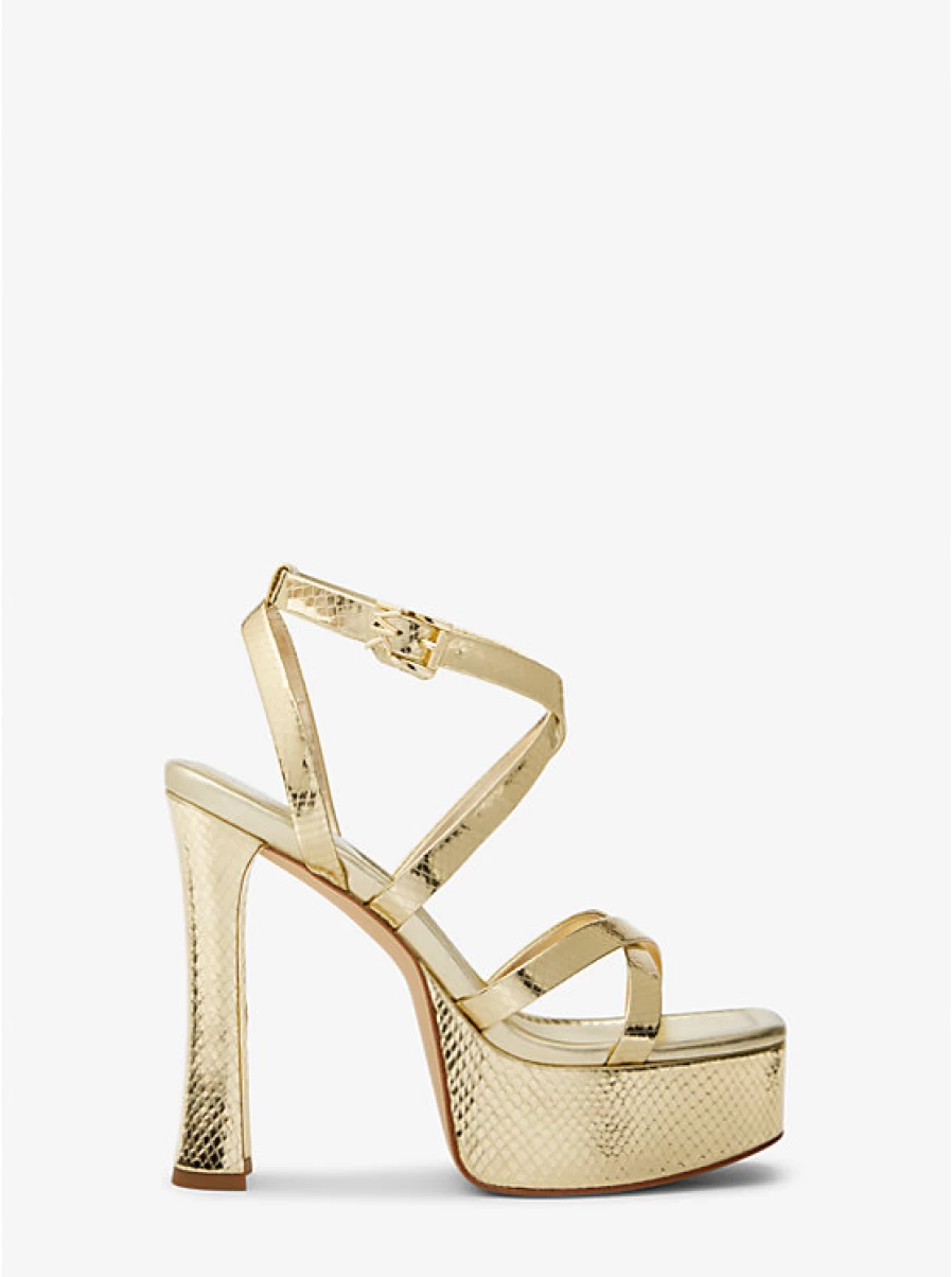 Michael Kors Women's Paola Platform Sandals in Embossed Leather with Metallic Snake Pattern