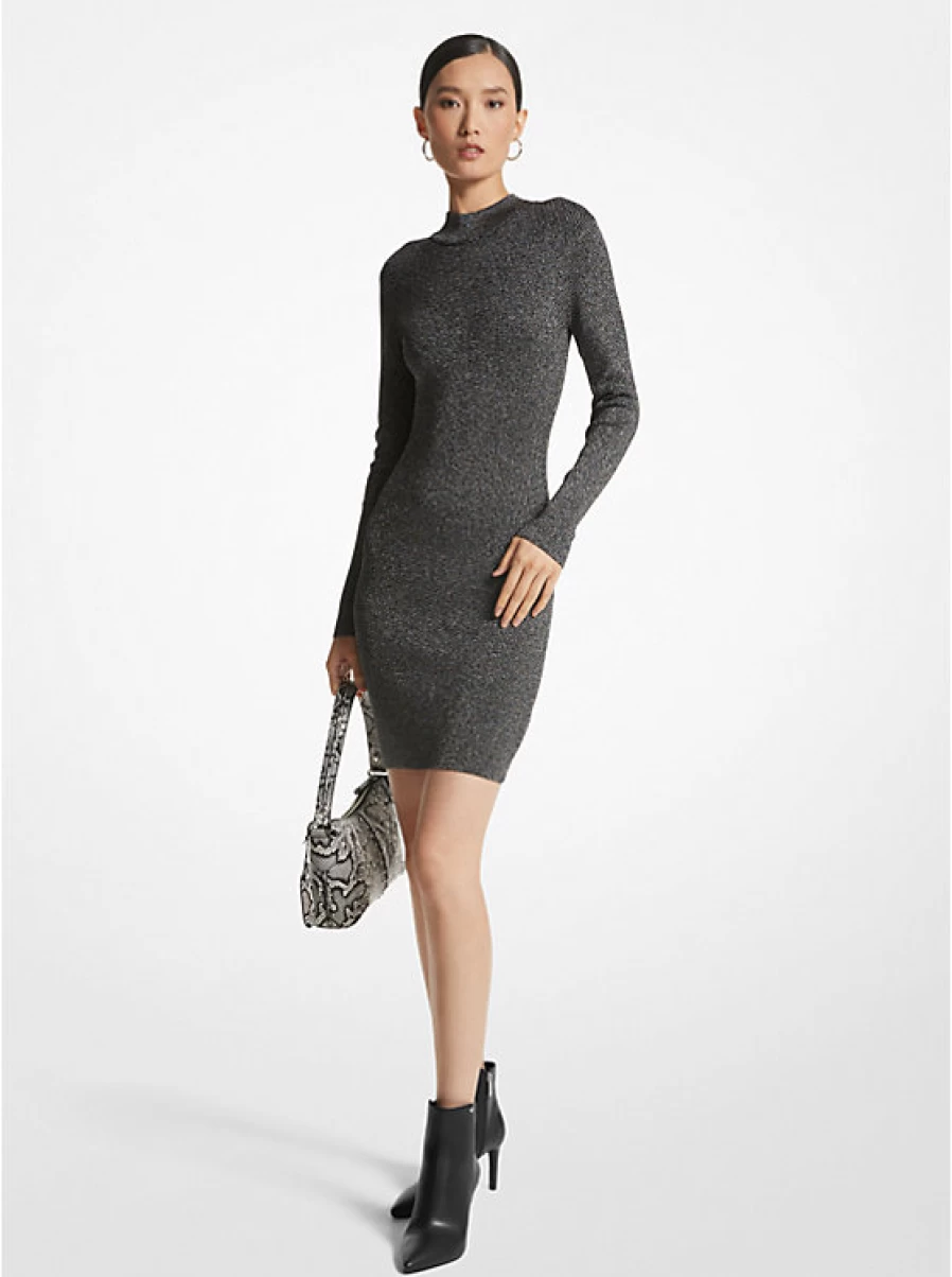 Michael Kors Women's Ribbed Stretch Knit Dress with Metallic Detail and Crew Neck