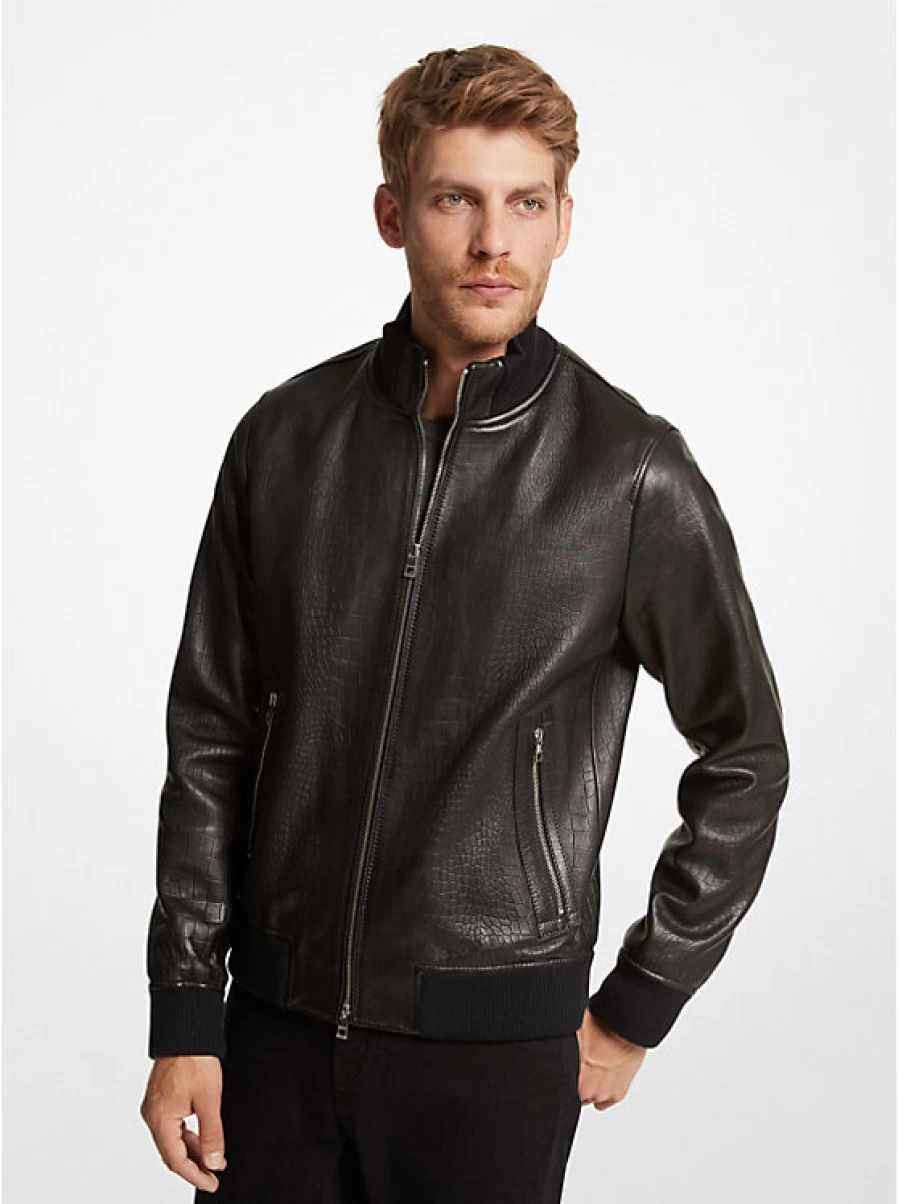 Michael Kors Men's Genuine Leather Bomber Jacket with Crocodile Embossed Design