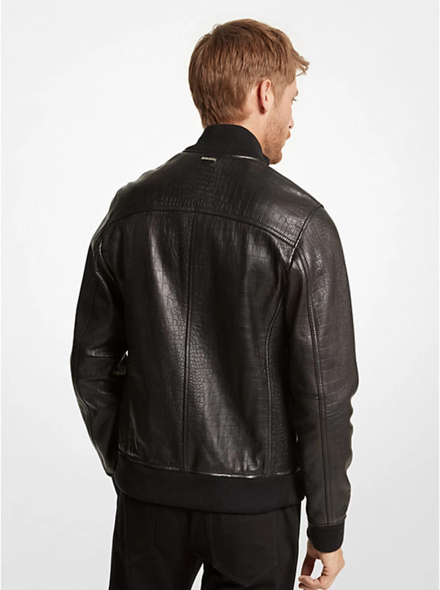 Michael Kors Men's Genuine Leather Bomber Jacket with Crocodile Embossed Design