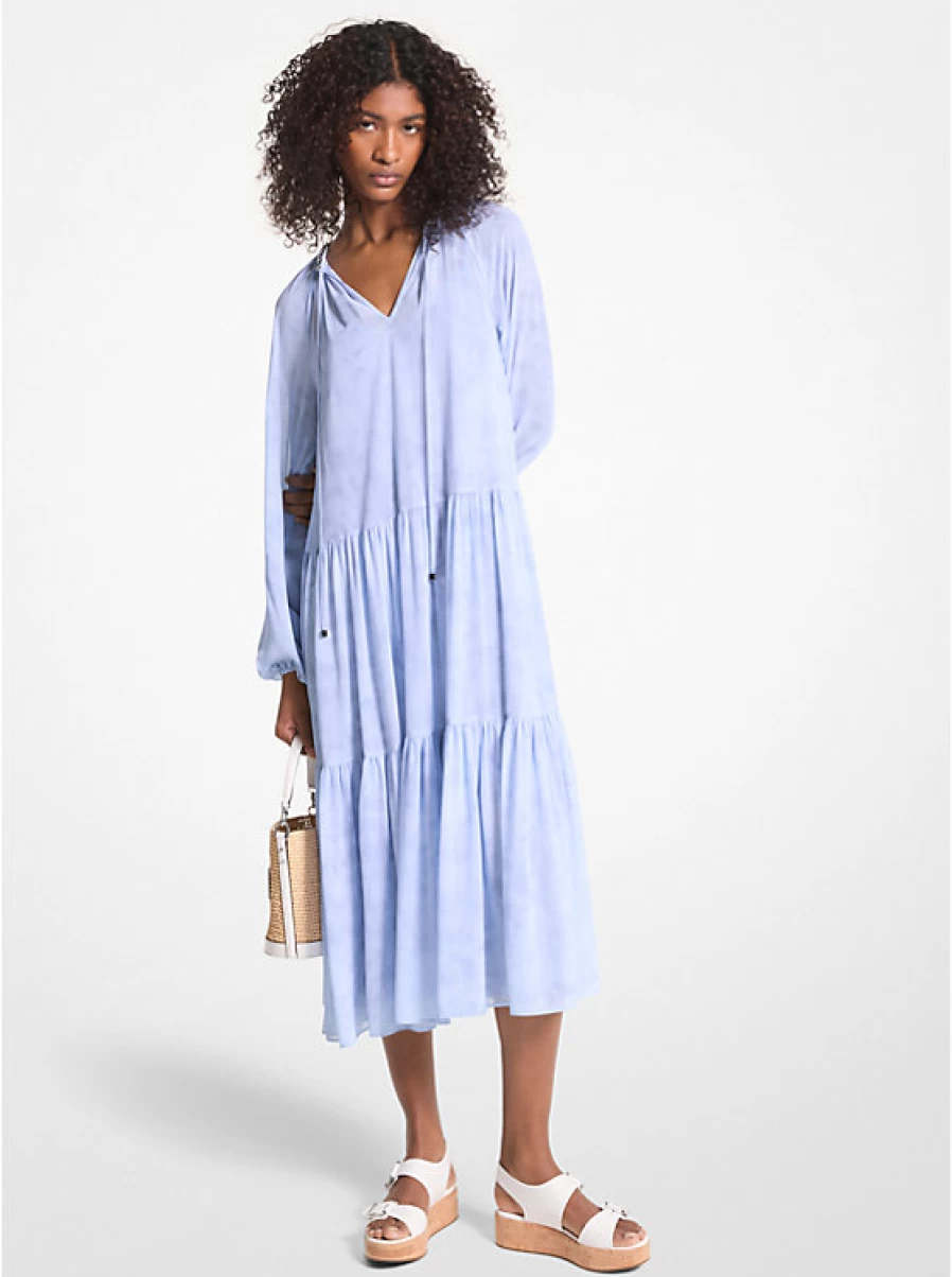 Michael Kors Women's Embroidered Georgette Crepe Dress with Printed Floral Ornaments