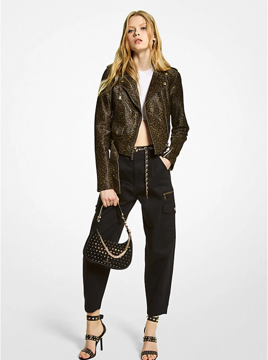 Michael Kors Women's Calf Hair Motorcycle Jacket with Leopard Print