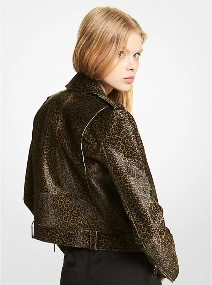 Michael Kors Women's Calf Hair Motorcycle Jacket with Leopard Print