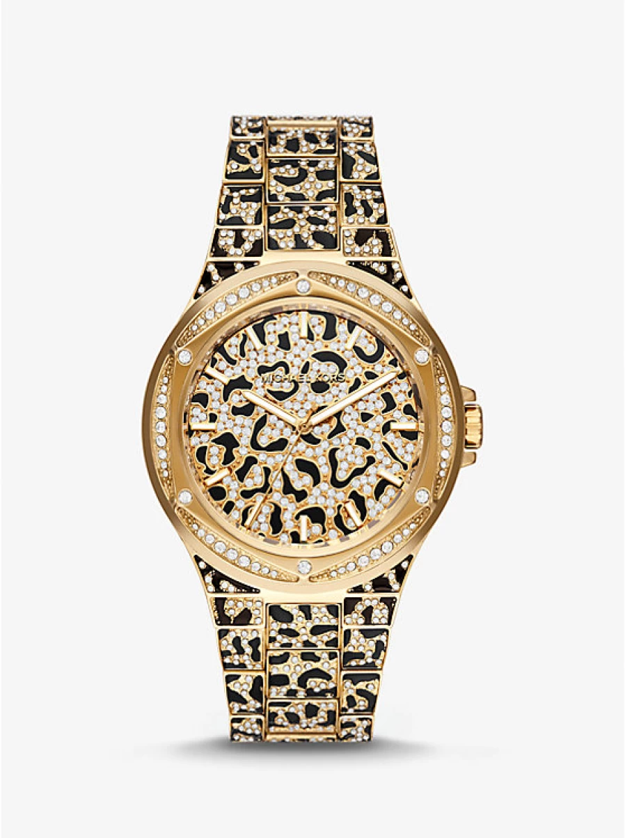 Michael Kors Women's Oversized Gold-Tone Watch with Paving Stone Accents and Animal Print Strap