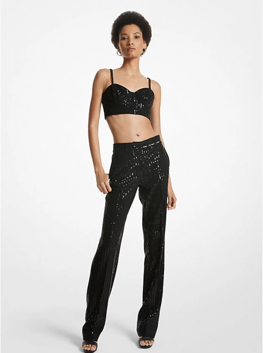Michael Kors Women's Straight Leg Glittery Striped Crepe Trousers