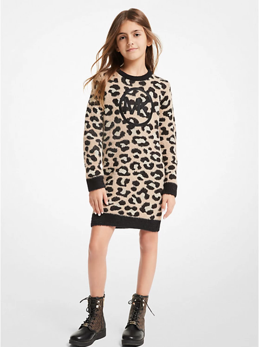 Michael Kors Girls' Jacquard Dress with Metallic Leopard Print