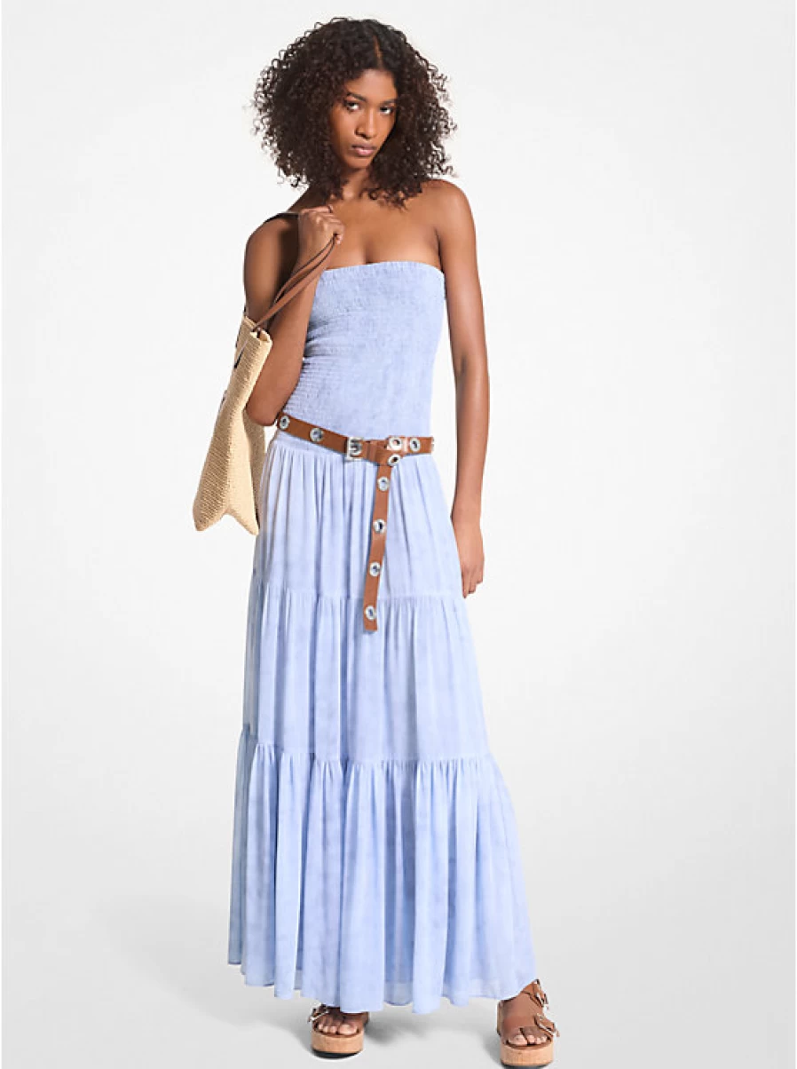 Michael Kors Women's Smocked Printed Chambray Long Dress in Georgette Crepe