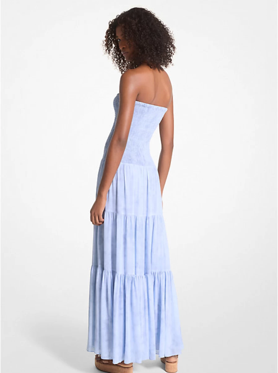 Michael Kors Women's Smocked Printed Chambray Long Dress in Georgette Crepe