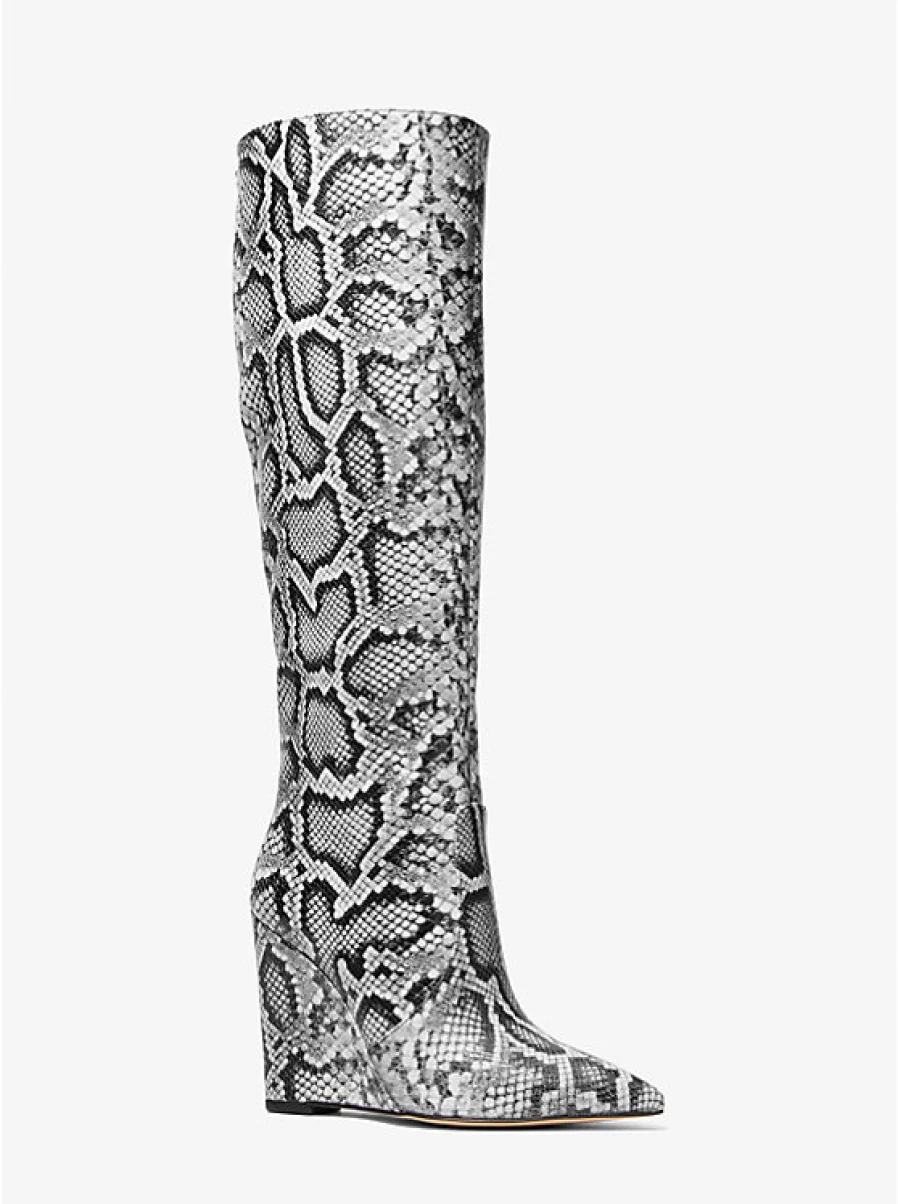 Michael Kors Women's Serpent Isra Leather Wedge Heel Boots with Embossed Detail