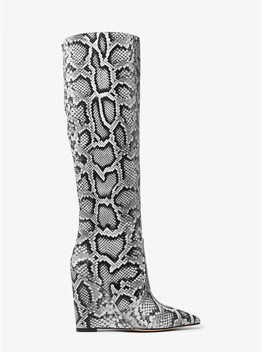 Michael Kors Women's Serpent Isra Leather Wedge Heel Boots with Embossed Detail
