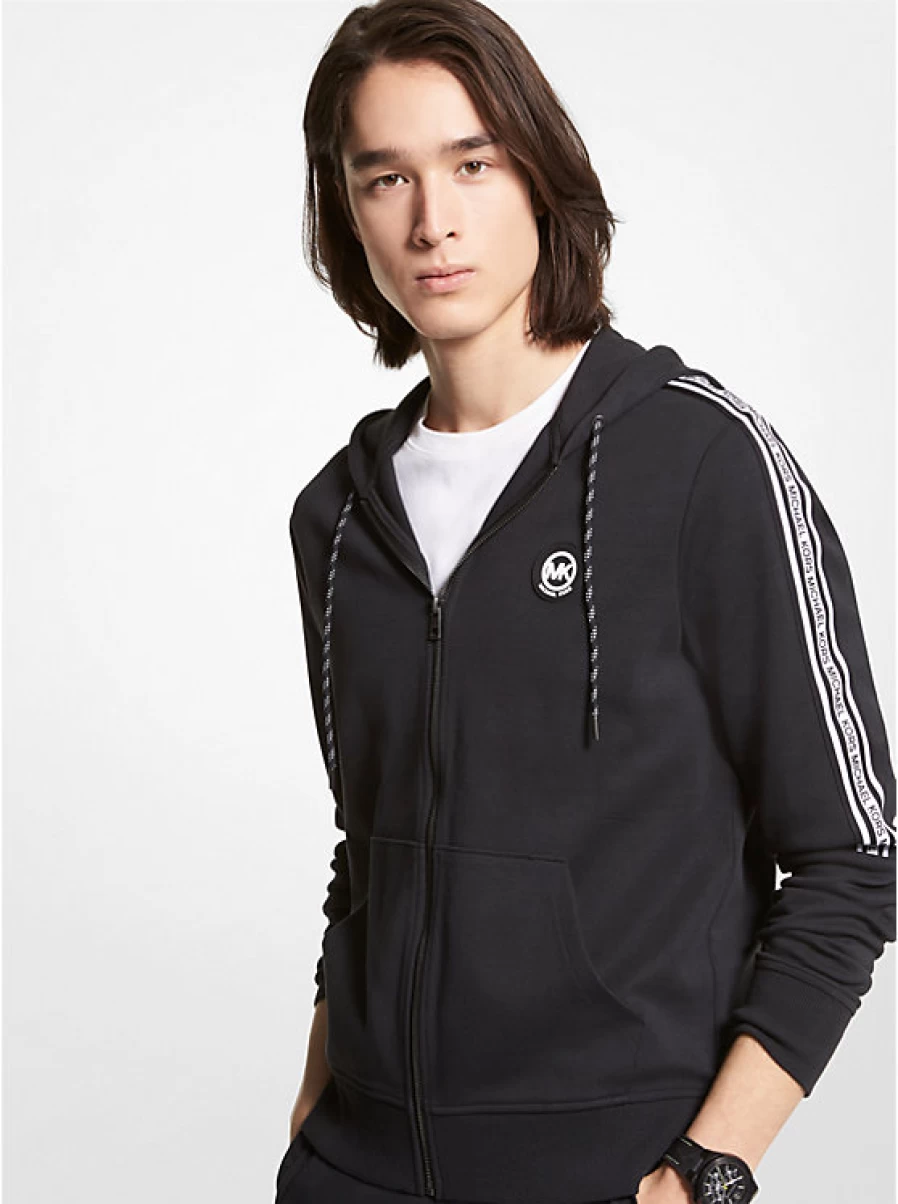 Michael Kors Men's Cotton Blend Hooded Sweater with Tape Logo & Front Zipper