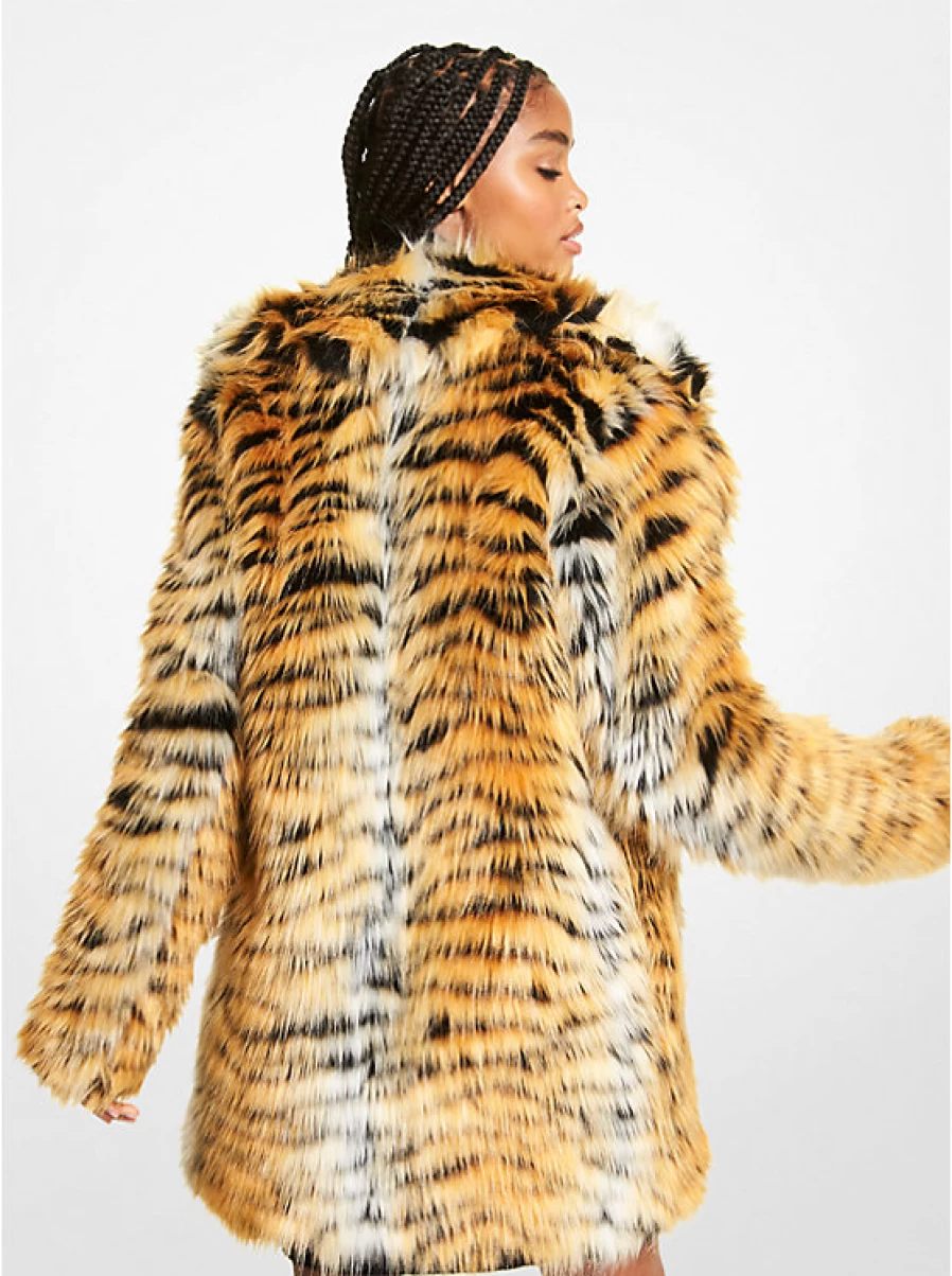Michael Kors Women's Faux Fur Coat with Tiger Print - Luxurious Animal Print Jacket