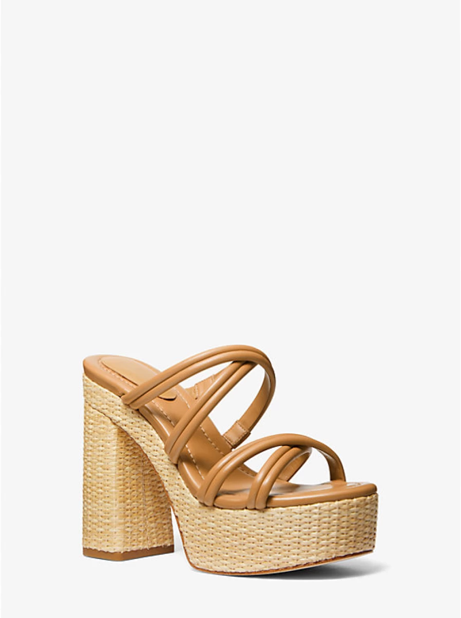 Michael Kors Women's Corrine Platform Sandal in Leather and Straw Wedge