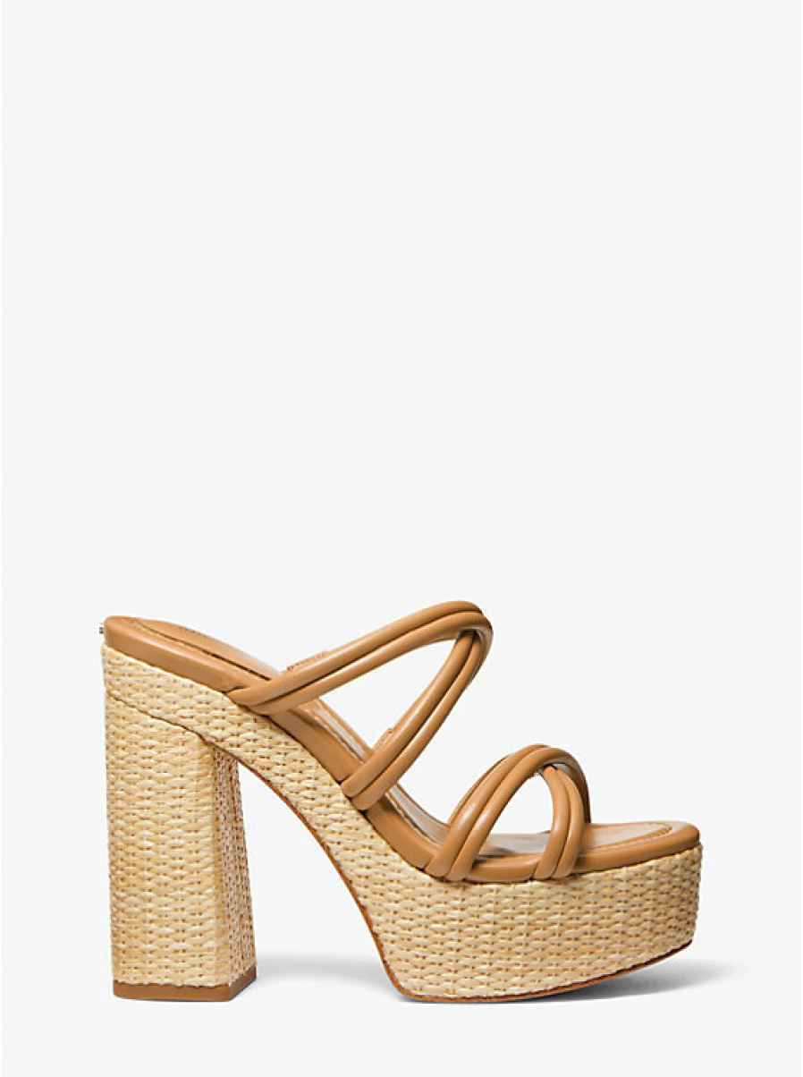 Michael Kors Women's Corrine Platform Sandal in Leather and Straw Wedge