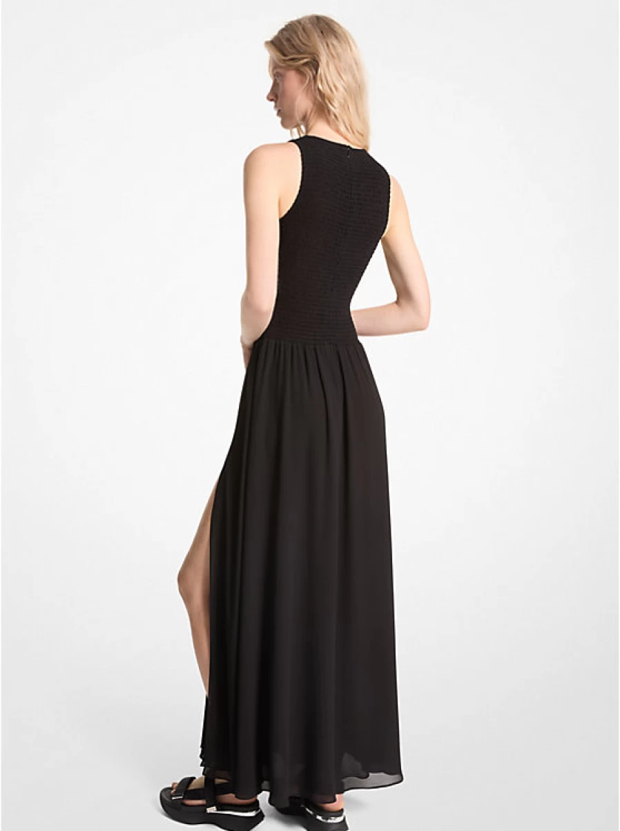 Michael Kors Women's Smocked Georgette Crepe Long Dress