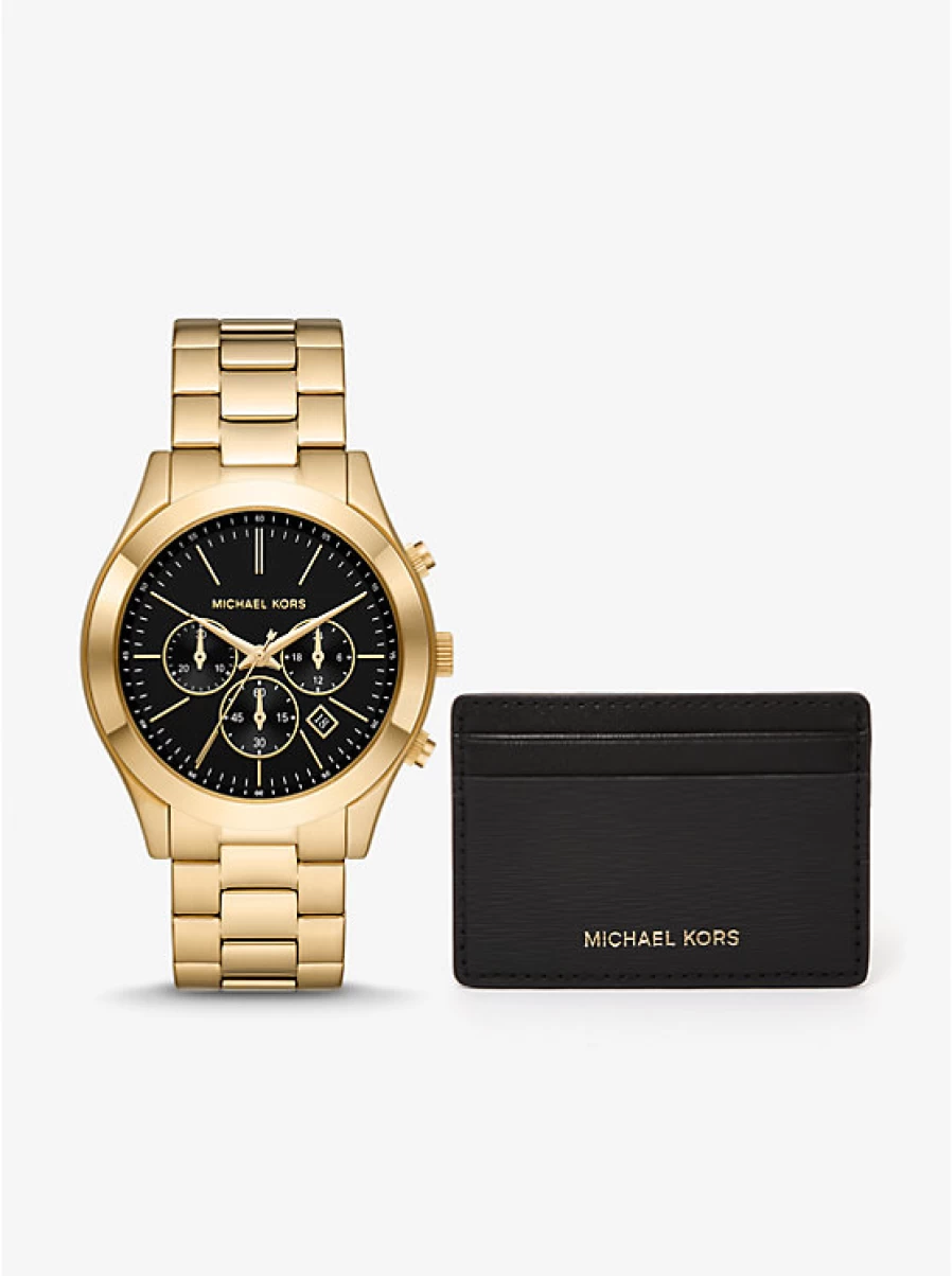 Michael Kors Men's Oversized Slim Runway Chronograph Watch & Card Holder Luxury Gift Set