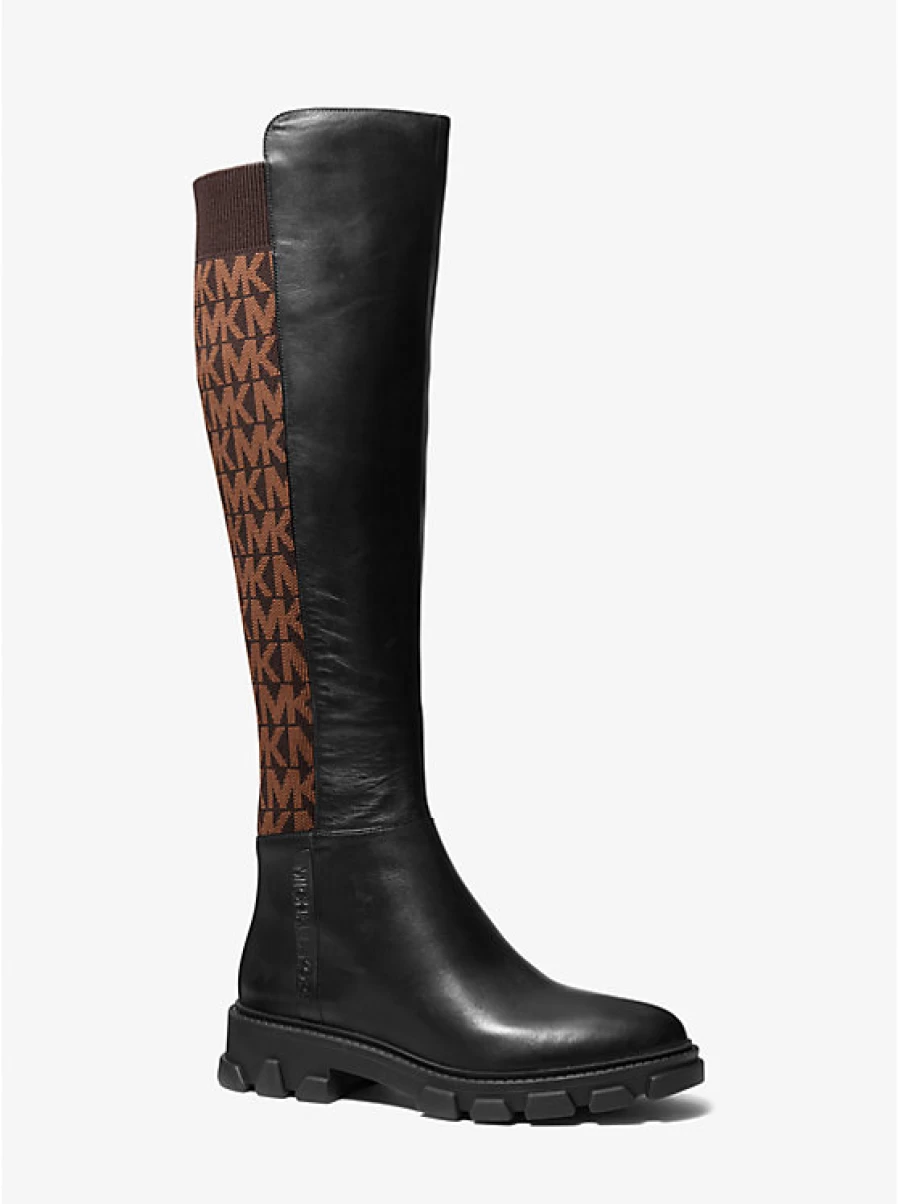 Michael Kors Women's Ridley Knee Boots in Leather & Jacquard with Logo Detail