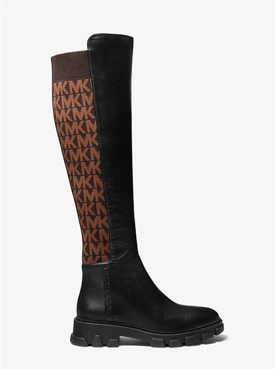 Michael Kors Women's Ridley Knee Boots in Leather & Jacquard with Logo Detail