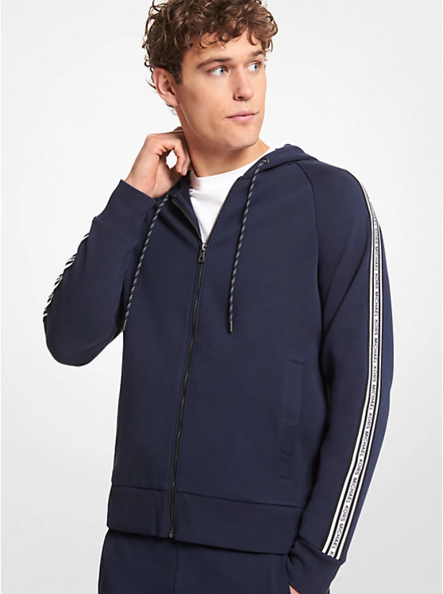 Michael Kors Men's Cotton Blend Hooded Sweater with Tape Logo and Zipper