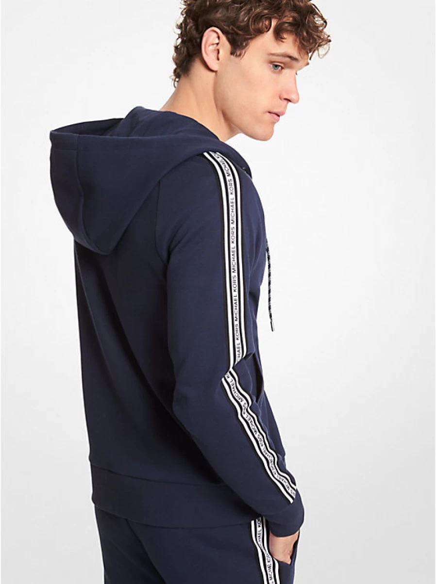Michael Kors Men's Cotton Blend Hooded Sweater with Tape Logo and Zipper