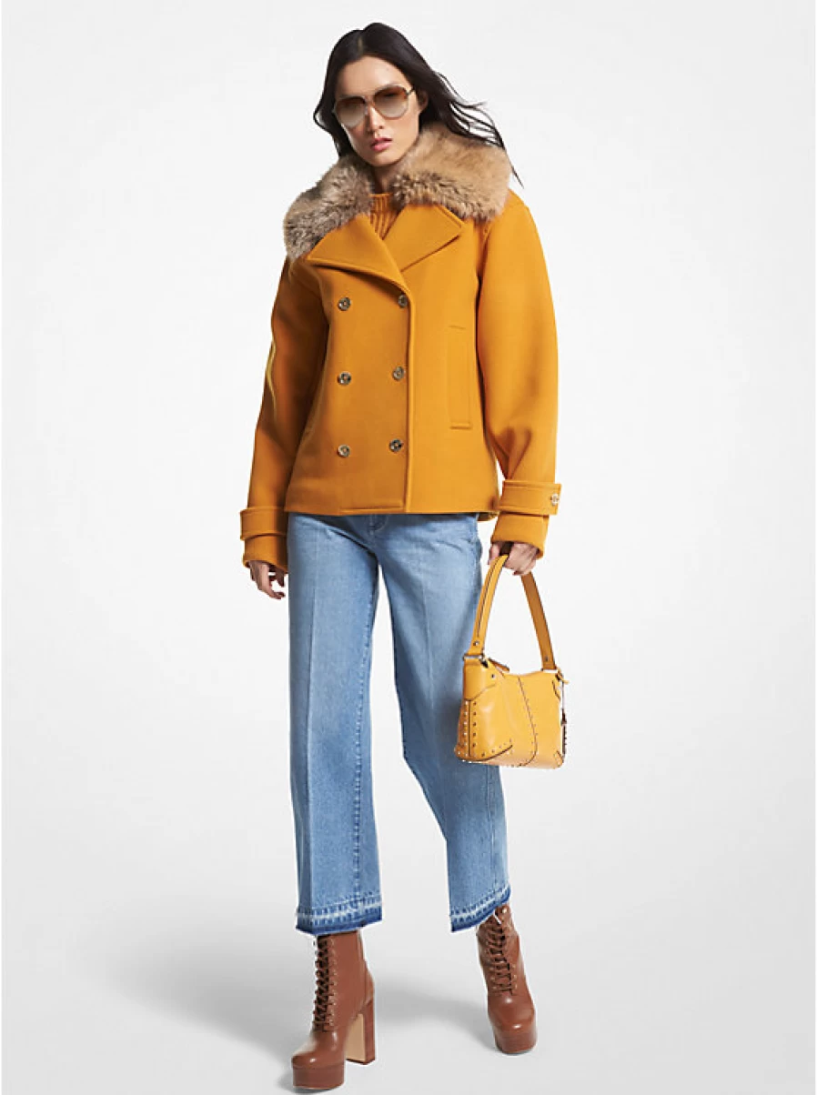 Michael Kors Women's Wool Blend Peacoat with Faux Fur Edge Trim - Classic Winter Coat